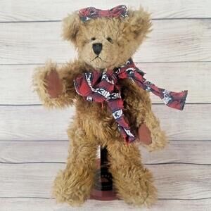 Plush Patriotic Bear 10" Fully Jointed Brown Bear Red Blue White Star Scarf, Bow